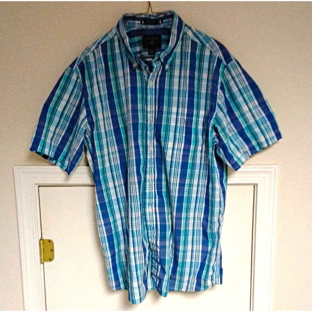 Saddlebred Easy Care Blue/Green/White Plaid Short Sleeve Button-Down Shirt L